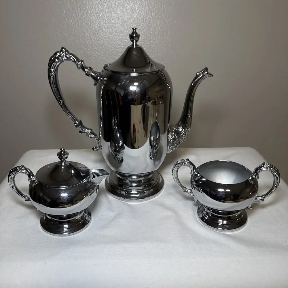 Vintage Dorothy Thorpe Originals Chrome Coffee Set MCM Hollywood Regency 3pc - Picture 1 of 15